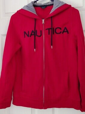 Nautica Bright Red Zip Hoodie with Navy Trim